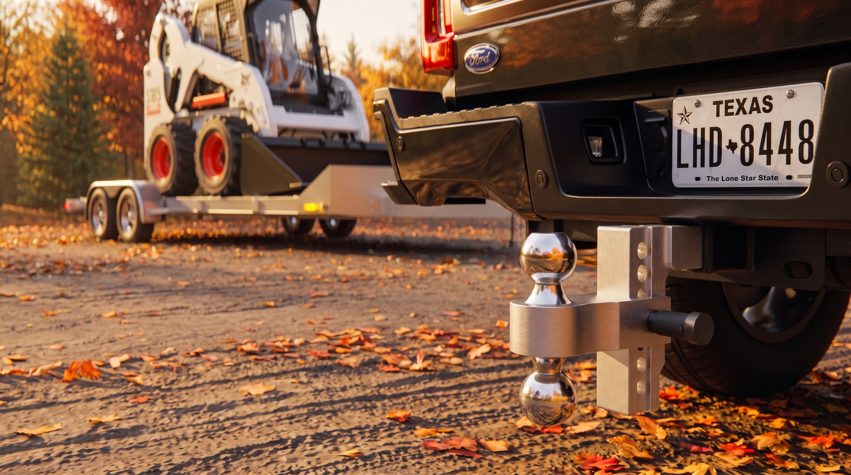 BullBoulder adjustable drop hitch on a pickup towing a skid steer trailer, fall leaves on the ground