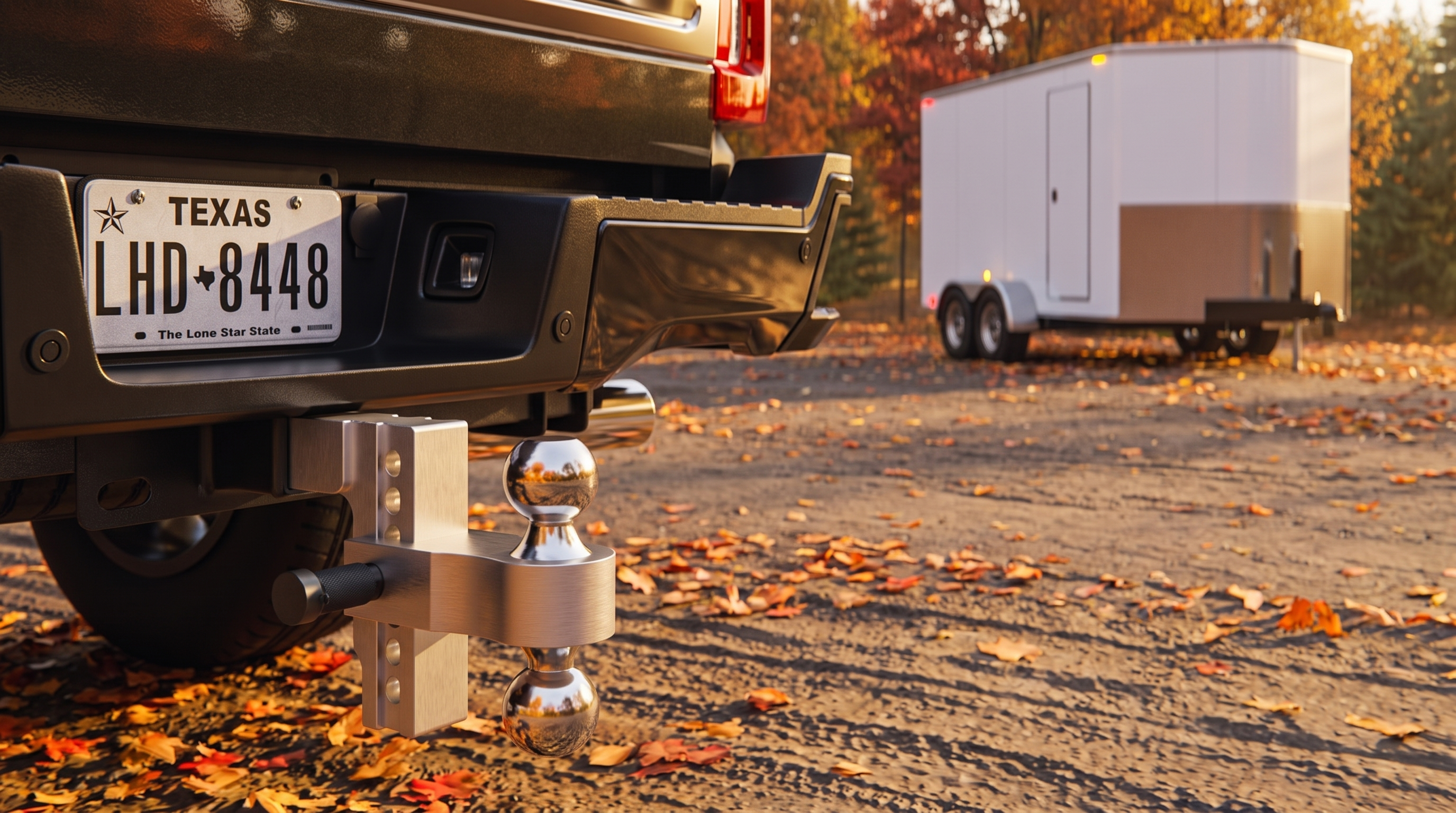 BullBoulder adjustable drop hitch on a pickup truck with a trailer, fall leaves on the ground