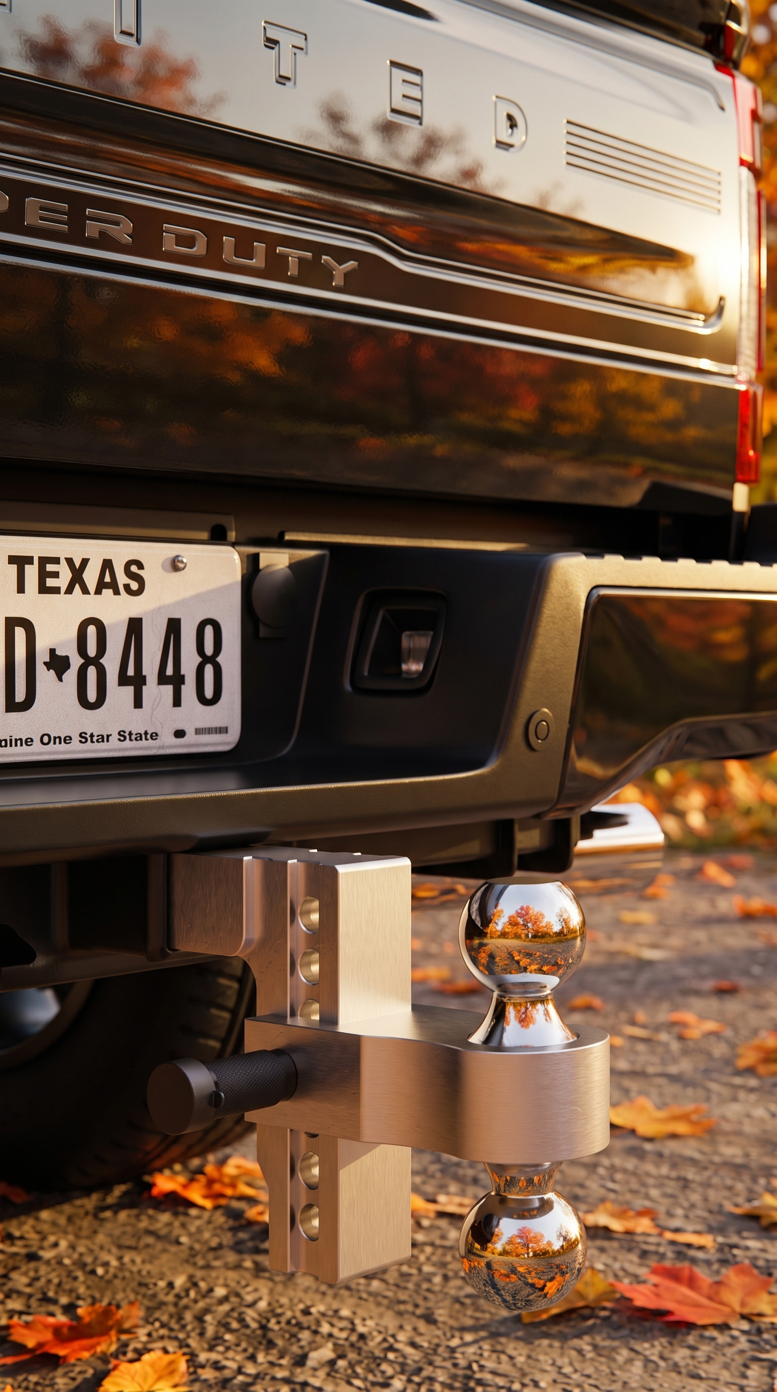 Close-up of the BullBoulder adjustable drop hitch on a black Super Duty, fall leaves on the ground