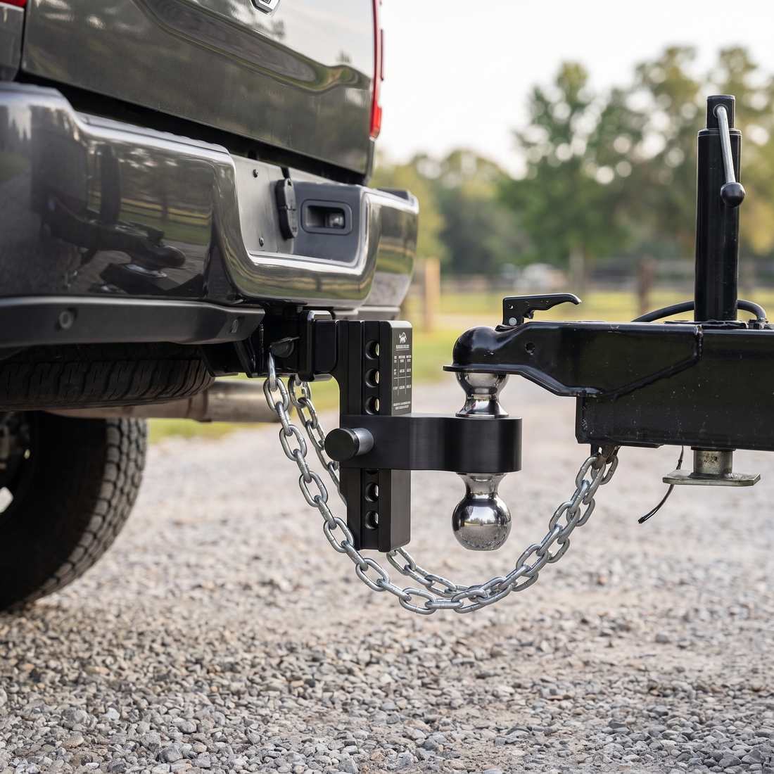 Black BullBoulder adjustable drop hitch on a pickup, towing a level utility trailer